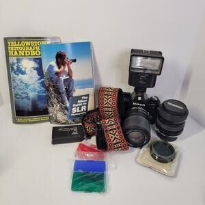 Nikon EM 35mm SLR Film Camera Lot Tamron LENS 70-210 And 28-70mm Rokunar Flash